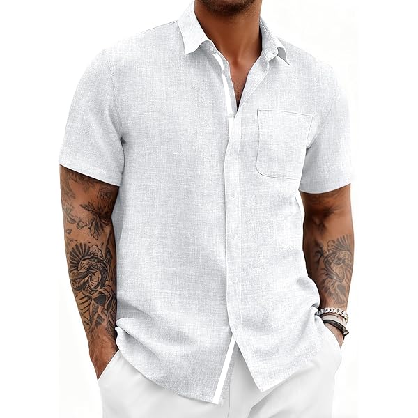 Mens Linen Button Down Shirts Casual Short Sleeve Shirt Summer Beach Wedding Tops with Pocket