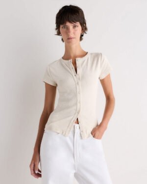 Cotton Micro-Rib Button Tee — Petite