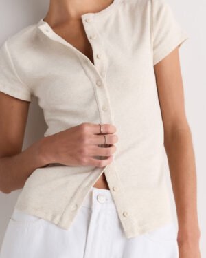Cotton Micro-Rib Button Tee — Petite